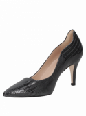 Zapato de vestir negro de cuero para mujer, con taco aguja de 7.8 cm y punta puntiaguda.