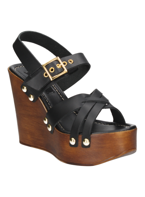 Sandalia negra de cuero, estilo informal, con taco cuña y punta abierta, ideal para ocasiones especiales.