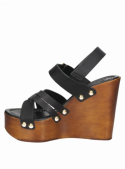 Sandalia de cuero negro para mujer, estilo informal, ideal para verano con taco cuña y sin revestimiento.