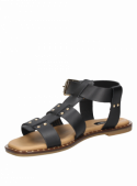 Sandalia negra de cuero para mujer, estilo casual con taco plano de 2 cm y punta abierta.