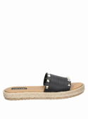 Sandalia casual de cuero negro para mujer, perfecta para parque o playa, diseño elegante.