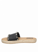 Sandalia negra de cuero para mujer, ideal para el verano, diseño casual y femenino.