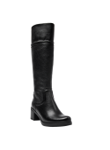 Bota negra de cuero para mujer, estilo clásico y cómodo, con líneas limpias y tacón medio adecuado para uso diario.