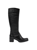 Elegante bota de cuero negro para mujer, diseño atemporal con caña alta, ideal para invierno y eventos sociales.
