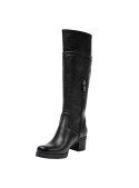 Bota de cuero negro para mujer, casual y elegante, caña alta hasta la rodilla y tacón medio ancho cómodo.