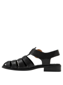 Sandalia plana de cuero negro para mujer, estilo casual, ideal para parque o playa.