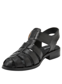 Elegante sandalia de cuero negro para mujer, estilo casual, con taco plano y forro de poliuretano.