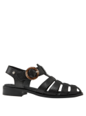 Sandalia negra de cuero para mujer, estilo casual, con taco plano y punta redonda, ideal para verano.