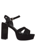 Sandalia de cuero negro para mujer con diseño casual, taco cuadrado y plataforma, ideal para un look vintage y moderno.