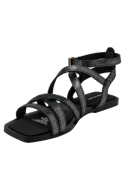 Calzado casual de cuero negro para mujer, sandalia con tiras cruzadas y hebilla, perfecta para un look chic.