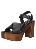 Sandalia negra de cuero para mujer, tacón cuadrado grueso, plataforma, estilo retro, tiras cruzadas con nudo decorativo.