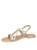 Sandalia dorada para mujer, estilo casual boho-chic con correas entrelazadas, ideal para combinar con vestidos veraniegos.
