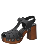 Sandalia negra casual de cuero para mujer con plataforma y taco grueso, correas cruzadas y hebilla ajustable en el tobillo.