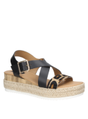Sandalia de mujer Pollini G219 en cuero animal print con taco plano y punta abierta.
