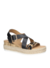 Sandalia de mujer Pollini G219 en cuero animal print con taco plano y punta abierta.