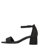 Elegante sandalia de cuero negro, minimalista, adecuada para bodas o cenas, ajustable con hebilla metálica.