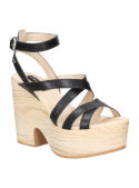 Sandalia negra de cuero para mujer con plataforma alta, estilo retro bohemio, ideal para ocasiones informales.