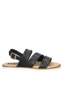Sandalia de cuero negro para mujer, con correa ajustable en el talón y hebilla metálica, perfecta para un look veraniego.