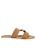Sandalia camel de cuero para mujer, elegante y minimalista con aro acrílico, ideal para eventos informales.