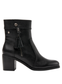 Botín negro de cuero para mujer, casual, con cierre lateral y borla decorativa. Ideal para ocasiones versátiles.