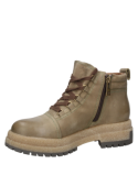 Botín de cuero oliva para mujer, estilo casual utilitario, con cordones y suela gruesa, ideal para un look aventurero.