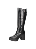 Bota alta de cuero negro para mujer con correas ajustables, ideal para un look casual y chic.