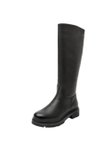 Bota alta de cuero negro, sin costuras visibles, ideal con jeans o vestidos en climas fríos.