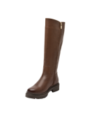 Bota de cuero café para mujer, sofisticada y versátil, adecuada para combinar con jeans, faldas o vestidos.