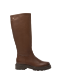 Bota casual de cuero café para mujer, diseño clásico, ideal para estilo urbano chic y ocasiones diversas.