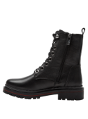 Botín casual de cuero negro para mujer, tendencia utilitaria, ajuste seguro con cordones para un estilo desenfadado.