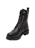 Botín negro de cuero con tirador trasero, combina con jeans o vestidos para un look alternativo y ecléctico.
