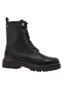Botín negro de cuero para mujer, diseño clásico con cordones y ojales metálicos, ideal para estilo casual urbano.