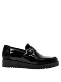 Zapato de charol negro estilo oxford para mujer, de cuero premium, con taco plano de 3.8 cm y punta redonda.
