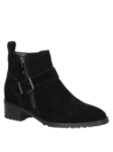 Botín elegante y atemporal de cuero gamuzado negro, con diseño sofisticado y cómodo, perfecto para reuniones sociales.