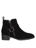 Calzado casual de cuero negro para mujer, con cremallera lateral y hebilla, ideal para oficina o salidas informales.