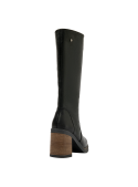 Bota casual negra de mujer, silueta ajustada y punta redondeada, combina con faldas midi o jeans ajustados.