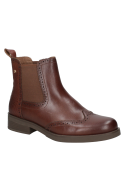 Botín café de cuero para mujer, estilo Chelsea, con paneles elásticos laterales para un calce fácil y cómodo.