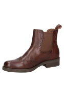 Botín café estilo Chelsea de cuero para mujer, con diseño clásico y costuras brogue en el empeine, ideal para uso casual.
