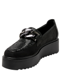 Punta redonda de zapato negro casual de cuero para mujer con forro de poliuretano.