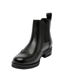 Botín Chelsea de cuero negro para mujer, con detalles brogue, paneles elásticos y suela robusta.