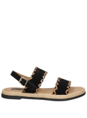 Sandalia casual negra de mujer, diseño moderno en cuero y fibra, ideal para el verano.