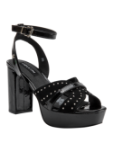 Sandalia negra de cuero para mujer, estilo vestir con taco bloque de 10 cm y punta abierta.