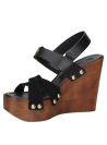 Sandalia de cuero negro con taco cuña de 11.5 cm para mujer.