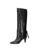 Bota de cuero negra para mujer, caña alta y taco delgado, perfecta para un look chic y moderno en cualquier ocasión.