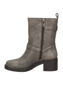 Calzado casual de cuero gris para mujer, con doble hebilla metálica decorativa en el empeine y cañón.