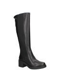 Bota negra de cuero para mujer, diseño alto hasta la rodilla, con ajuste elástico trasero y detalle de cierre superior.