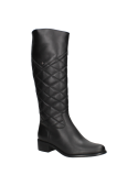 Bota negra de cuero para mujer con patrón acolchado en rombos, diseño elegante y sofisticado, ideal para el frío.