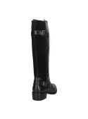 Bota de montar negra de cuero, ideal para estilos casuales o formales, con estructura alta y soporte bajo la rodilla.