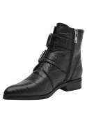 Elegante botín negro casual de cuero para mujer, con punta ligeramente puntiaguda y suela de goma cómoda.