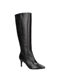 Bota de cuero negro para mujer, diseño elegante de caña alta y taco fino, ideal para eventos formales.